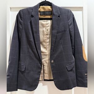 Zara Basic Navy Plaid Tailored Blazer With Elbow Patches